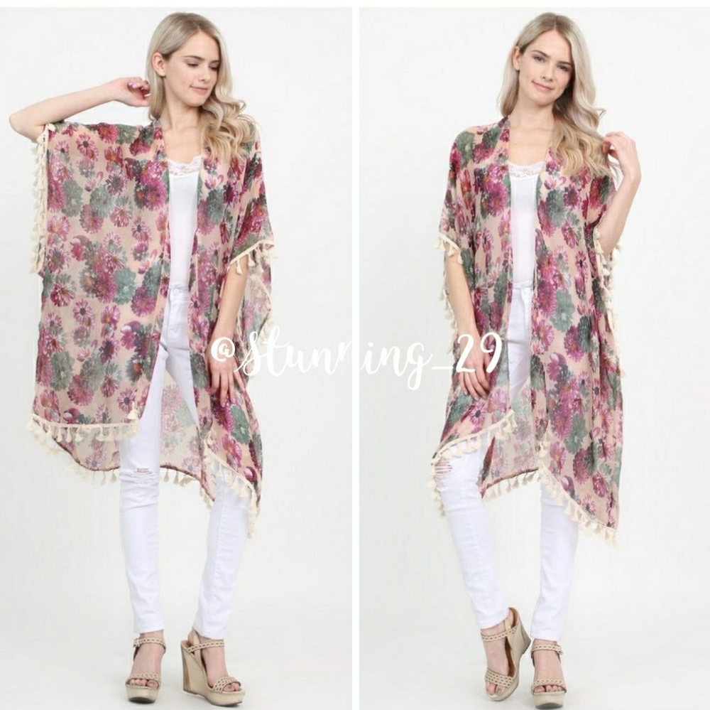 🆕 BEIGE PINK FLORAL OPEN LONG KIMOMO DUSTER - Picture 7 of 7